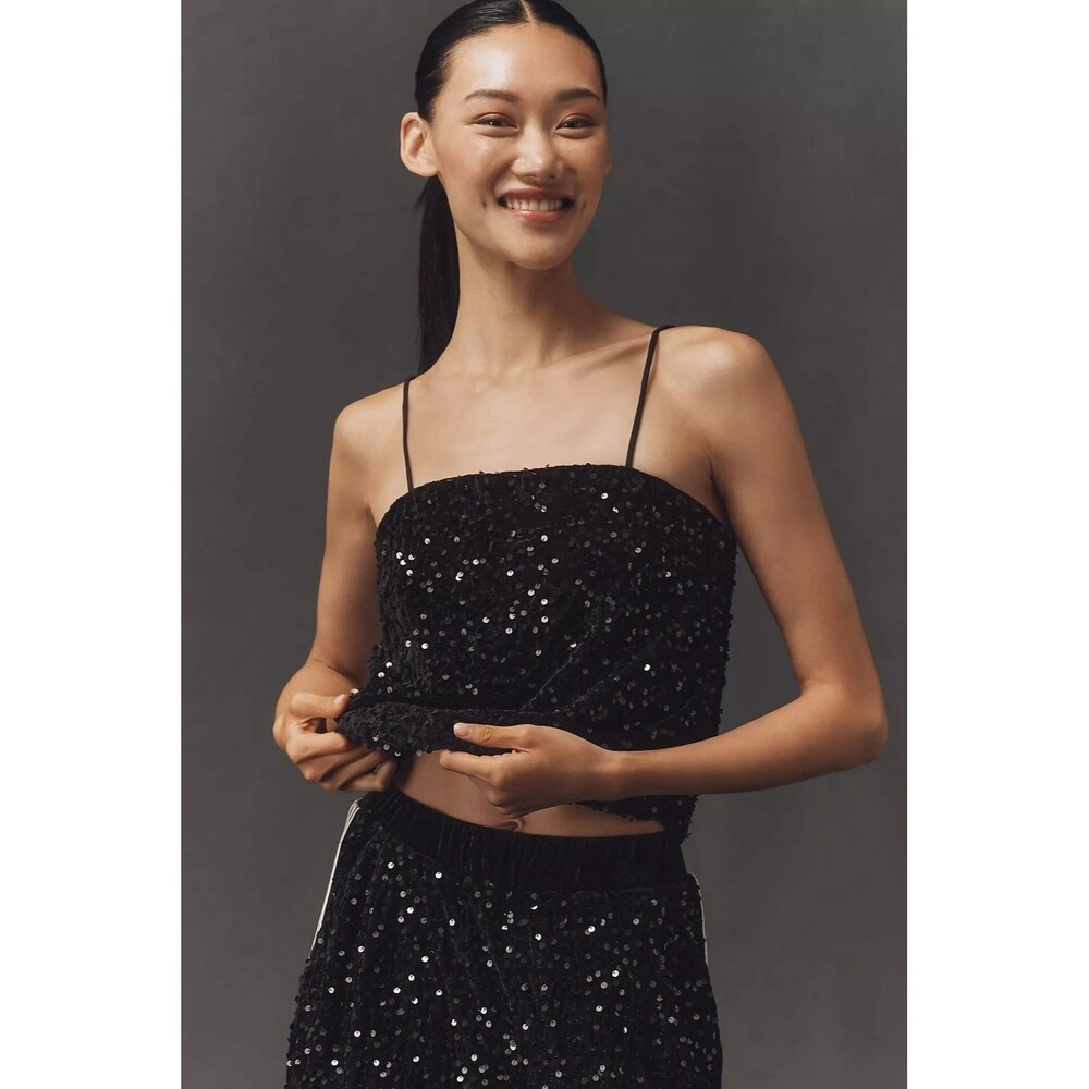 Bishop + young Anthropologie Sequin Black Caviar Spaghetti Strap Camisole Size M
